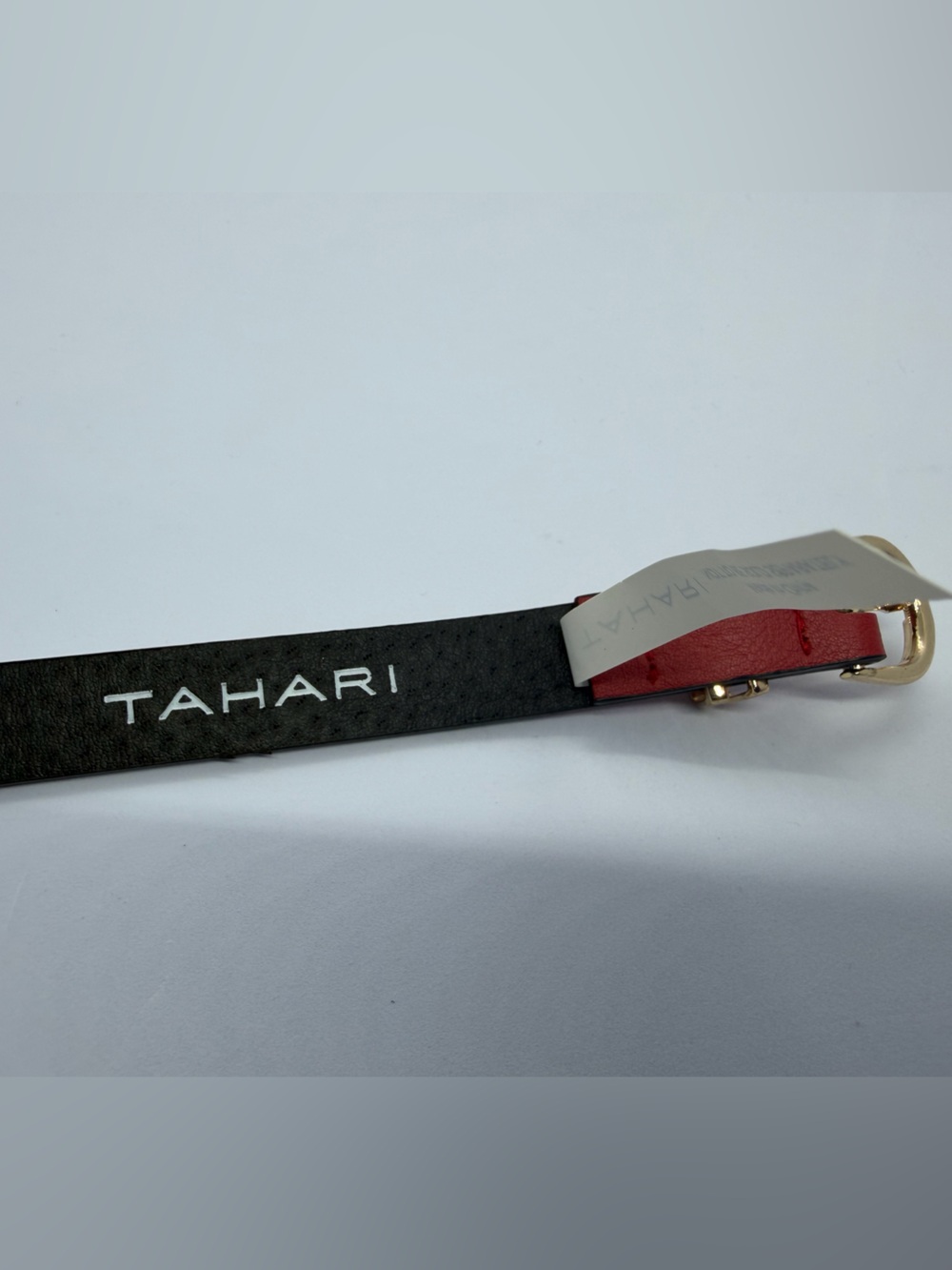 Tahari Red and Black Leather Belt with Gold Buckle